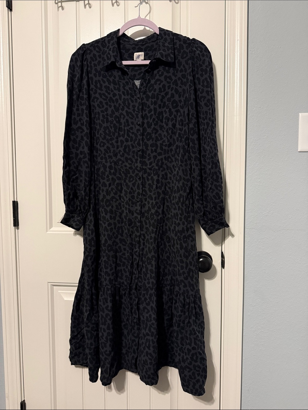 a new day Black Leopard Print Long Sleeve Tiered Shirt Dress